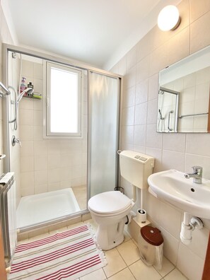 Combined shower/bathtub, hair dryer, towels, shampoo
