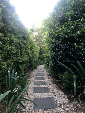 Un sendero de jardín con piedras para pisar y abundante follaje a ambos lados.