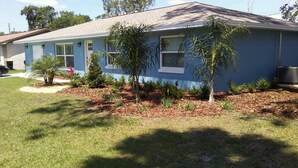 A single-story house with a blue exterior, a front yard with a small palm tree, and a well-maintained lawn.