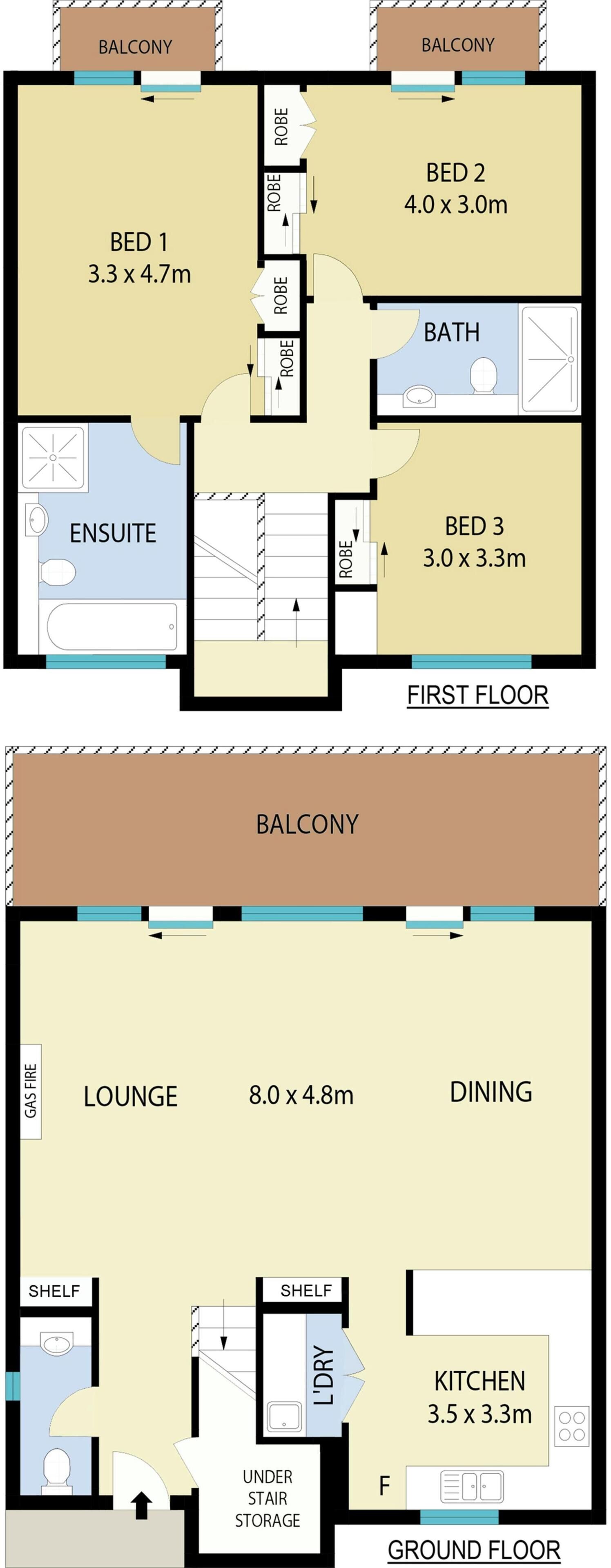 Un plan d’étage d’hôtel comprenant trois chambres, une salle de bain, un salon et un coin repas.