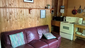 Ambiente in legno con divano in pelle, angolo cottura completo di fornelli e pentole, e pareti in legno.