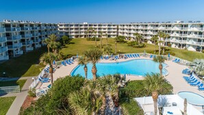 Un hotel con una piscina grande rodeada de palmeras y sillas de descanso azules.
