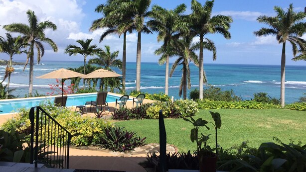 A pool area with lounge chairs and umbrellas, surrounded by palm trees and a view of the ocean.