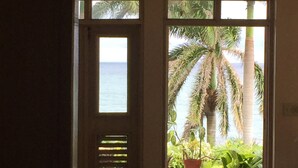 A doorway leading to a balcony with a view of the ocean and palm trees.