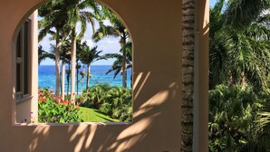 A view through an arched window of a building with a red-tiled roof, palm trees, and a clear blue sky.