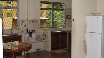 Fridge, microwave, cookware/dishes/utensils
