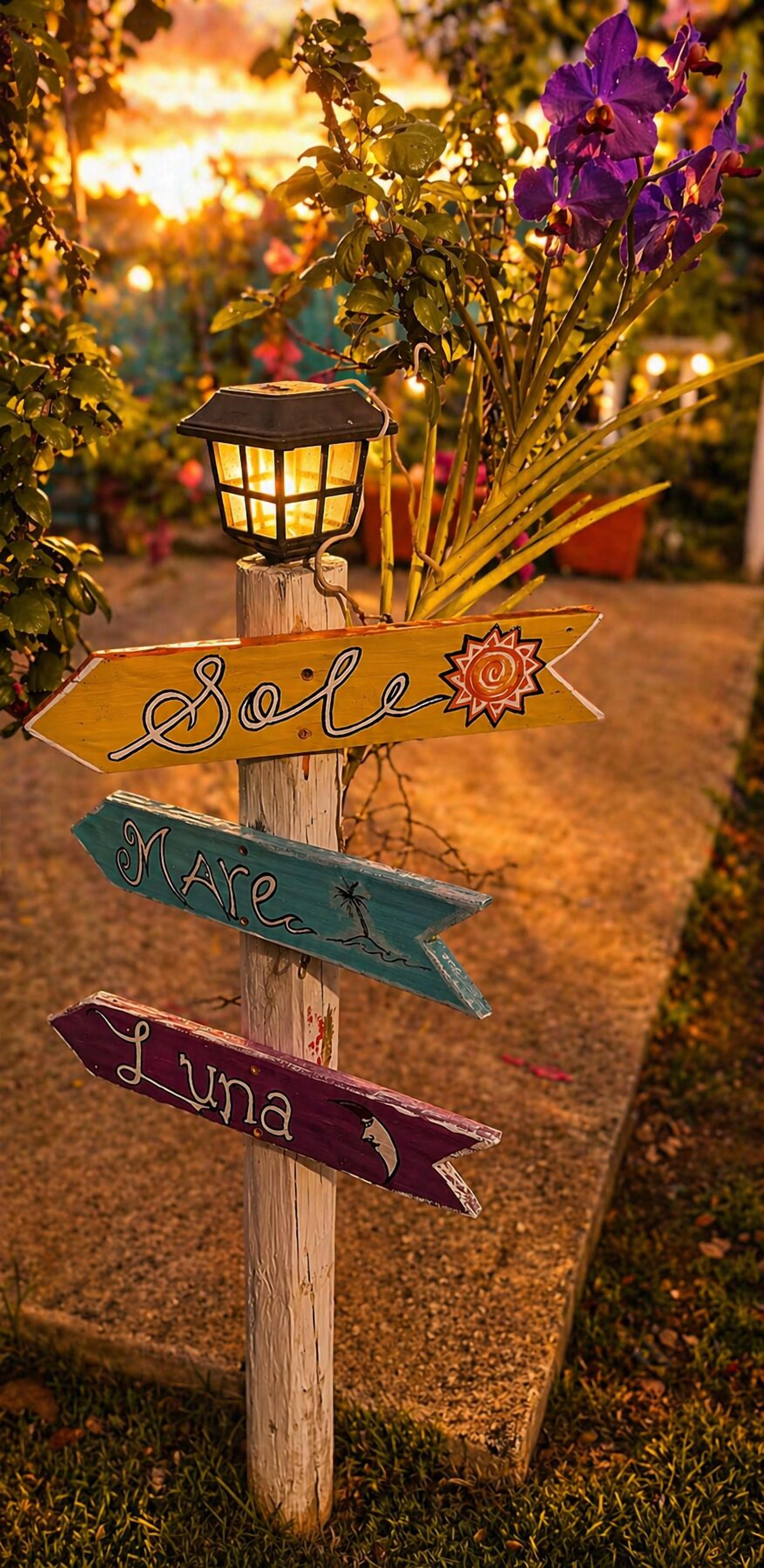A wooden signpost with directional arrows labeled 'Solle,' 'Mare,' and 'Luna,' and a lantern above it.