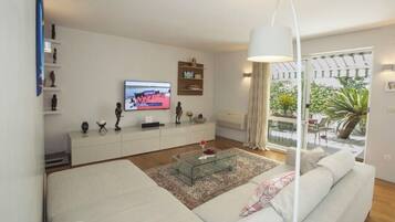 Flat-screen TV, books