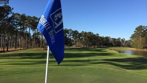 Un drapeau de golf sur un mât, sur un terrain de golf, avec un étang et des arbres en arrière-plan.