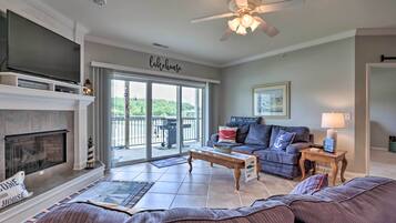 TV, fireplace, books