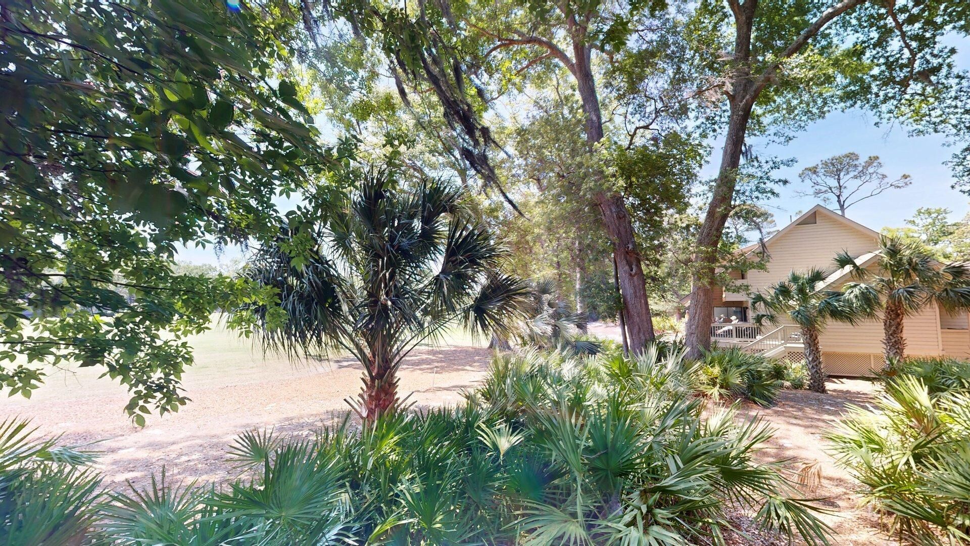 Une maison entourée d’un jardin où poussent différentes plantes et arbres.