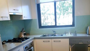 Uma cozinha compacta com armários brancos, uma pia de aço inoxidável, lava-louças e uma janela com vista para o verde lá fora.