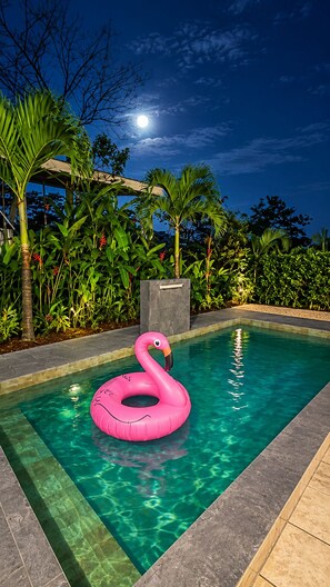 A swimming pool with clear water, surrounded by tropical plants and a night sky with a visible moon. - Glass House Arenal Private Pool + Volcano Views (La Fortuna)