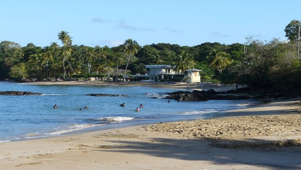 A beach with clear blue water, a sandy shore, and a building with a lifeguard tower.