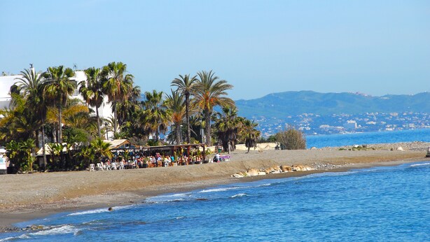 Ein Strand mit Palmen, einem Café und Blick auf das Meer und entfernte Berge.