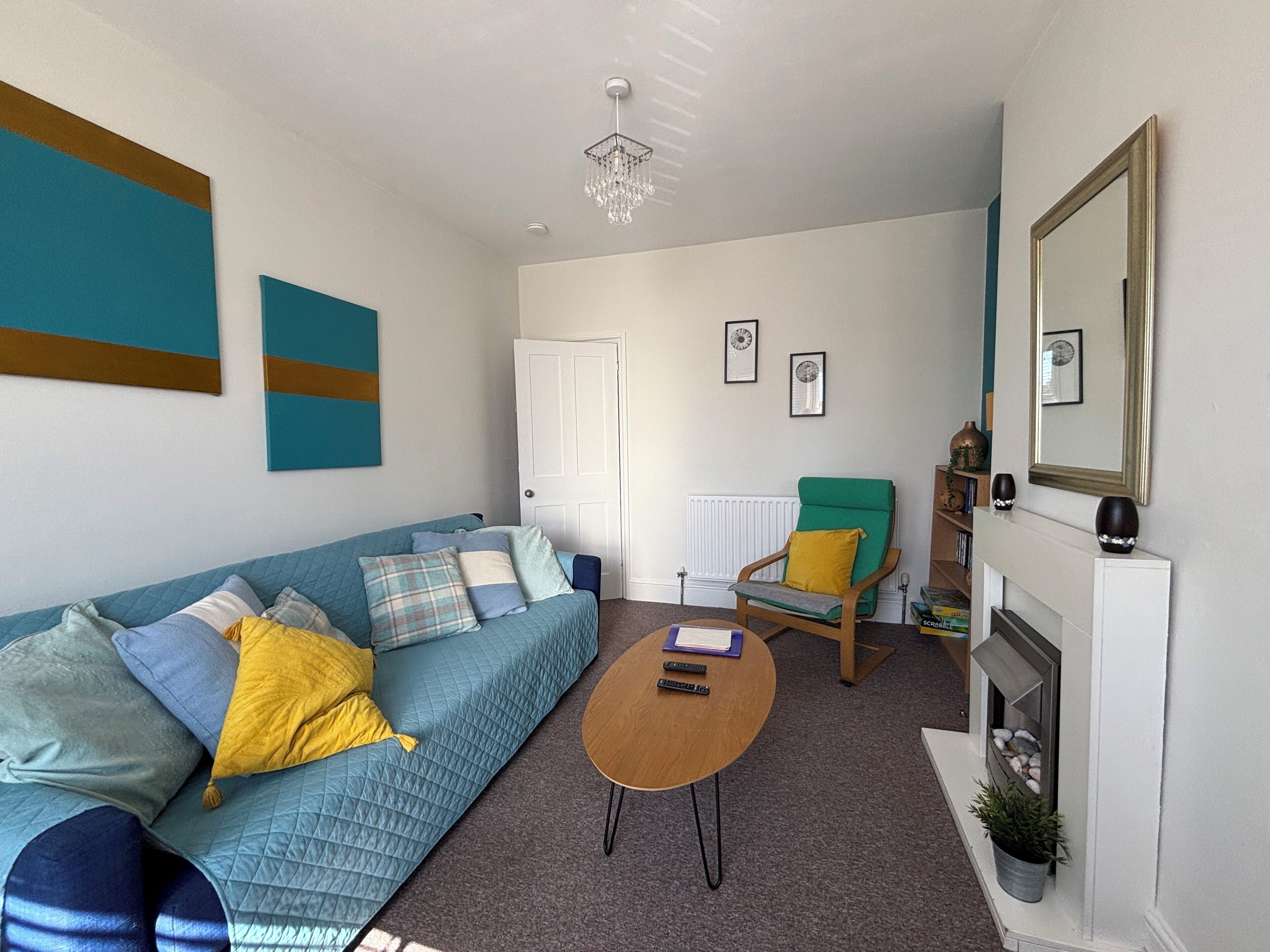 Smart TV, fireplace, video games, DVD player