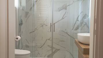 Combined shower/tub, hair dryer, bidet, towels