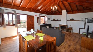 A spacious living area with a wooden ceiling, a dining table with chairs, a sofa, and a fireplace.