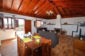 TV, fireplace, books, stereo