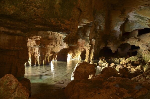 Grotteinteriør med stalaktitter, stalagmitter og et vandbassin.
