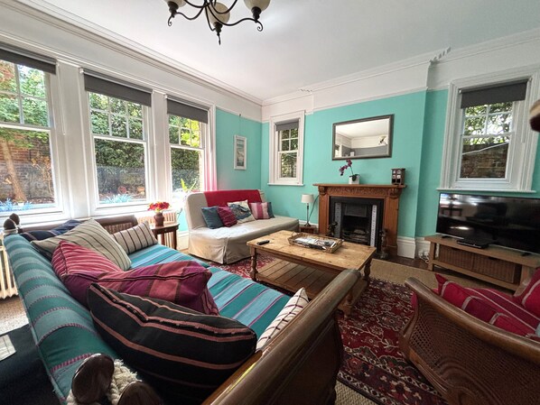 Smart TV, fireplace, DVD player, books