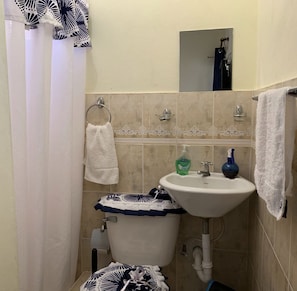 Secador de cabelo, toalhas de banho, sabonete, papel higiênico