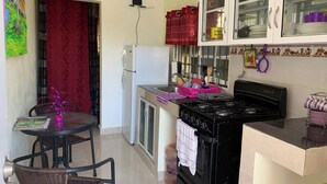 A compact kitchen with a stove, refrigerator, and cabinets. - Higuey Center City, George City (Higuey)