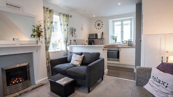 Smart TV, fireplace, books