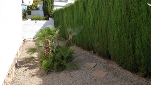 Un jardín bien cuidado con un sendero de grava, setos cuidadosamente recortados y una variedad de plantas, incluyendo palmeras y piñones.