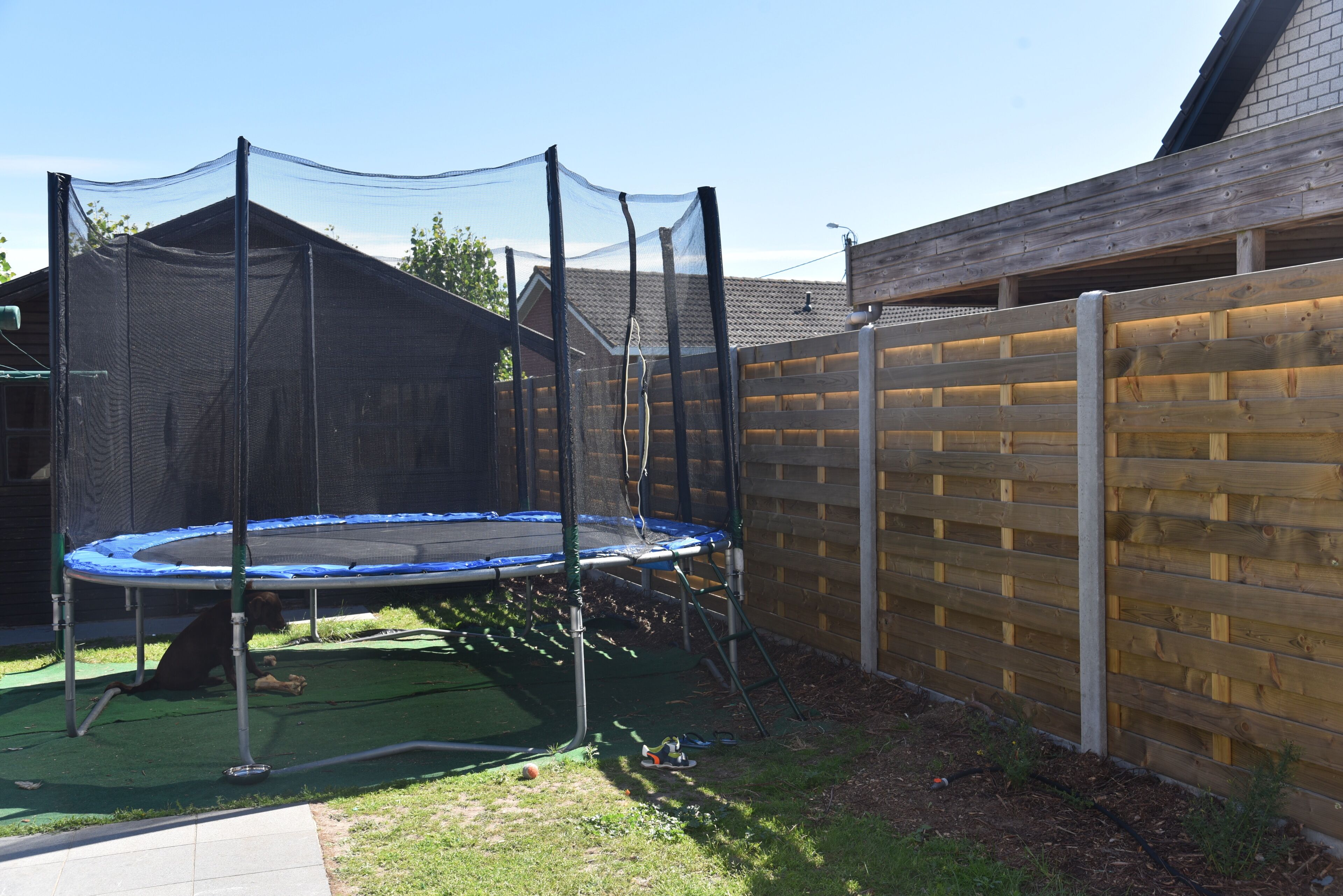 A backyard with a trampoline, a wooden fence, and a covered play area.