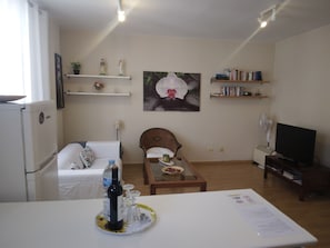 TV, DVD player, video library