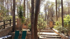 Un escalier en pierre mène à une terrasse en bois agrémentée de chaises vertes et d’une petite table, le tout étant entouré d’arbres et d’un mur en pierre.