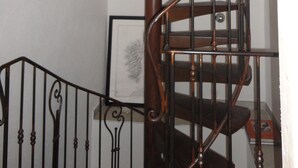Un escalier en colimaçon avec des marches en bois et des rampes en métal noir.