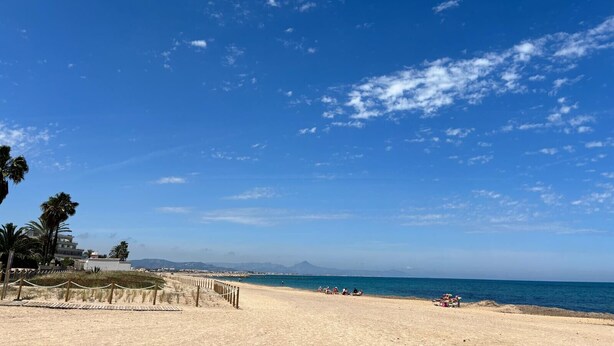 A beach with a clear sky, palm trees, and a distant mountain range. - 039 Villa Recuerdo (Denia)
