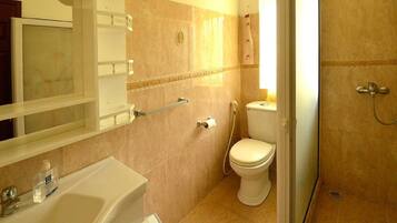 Een badkamer met toilet, wastafel en douche.