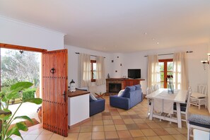 Una televisión, una chimenea