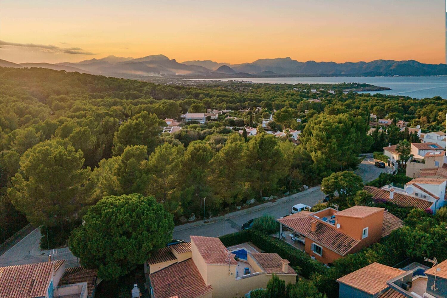 Vista aèria d'una zona residencial costanera amb cases, vegetació abundant i una massa d'aigua al fons.