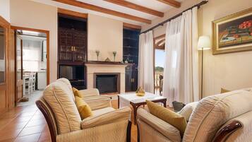 Een televisie, een open haard en een dvd-speler