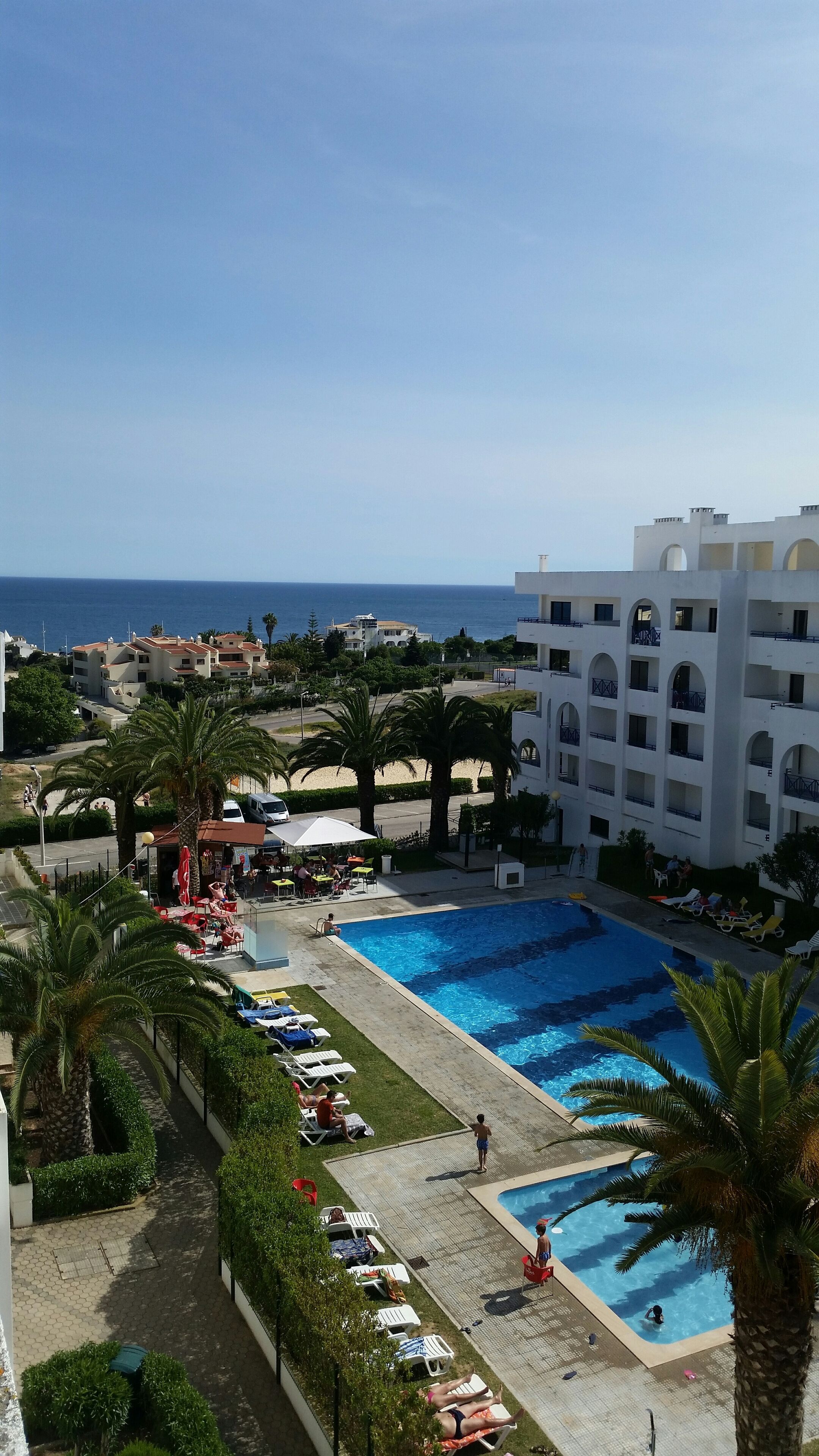 A resort with a swimming pool, palm trees, and a view of the sea.