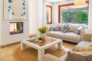 Televisie, een open haard en een tafeltennistafel