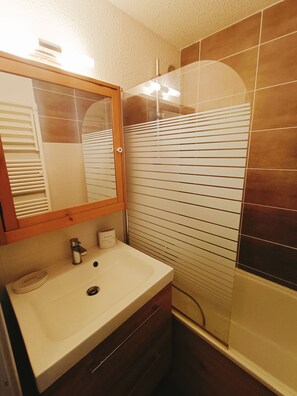 Bathtub, hair dryer, towels, soap