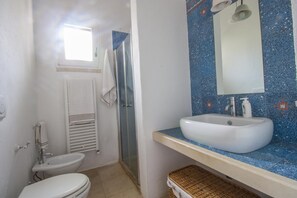 Shower, hair dryer, bidet, towels