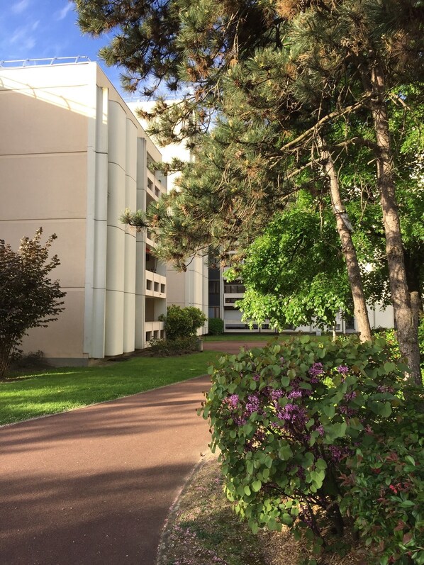 A pathway leading to a modern building with a flat roof and a large window.