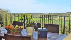 Ein Tisch mit Obstkorb, Blumentopf und einer dekorativen Schachtel auf einem Balkon mit Blick auf einen Golfplatz.
