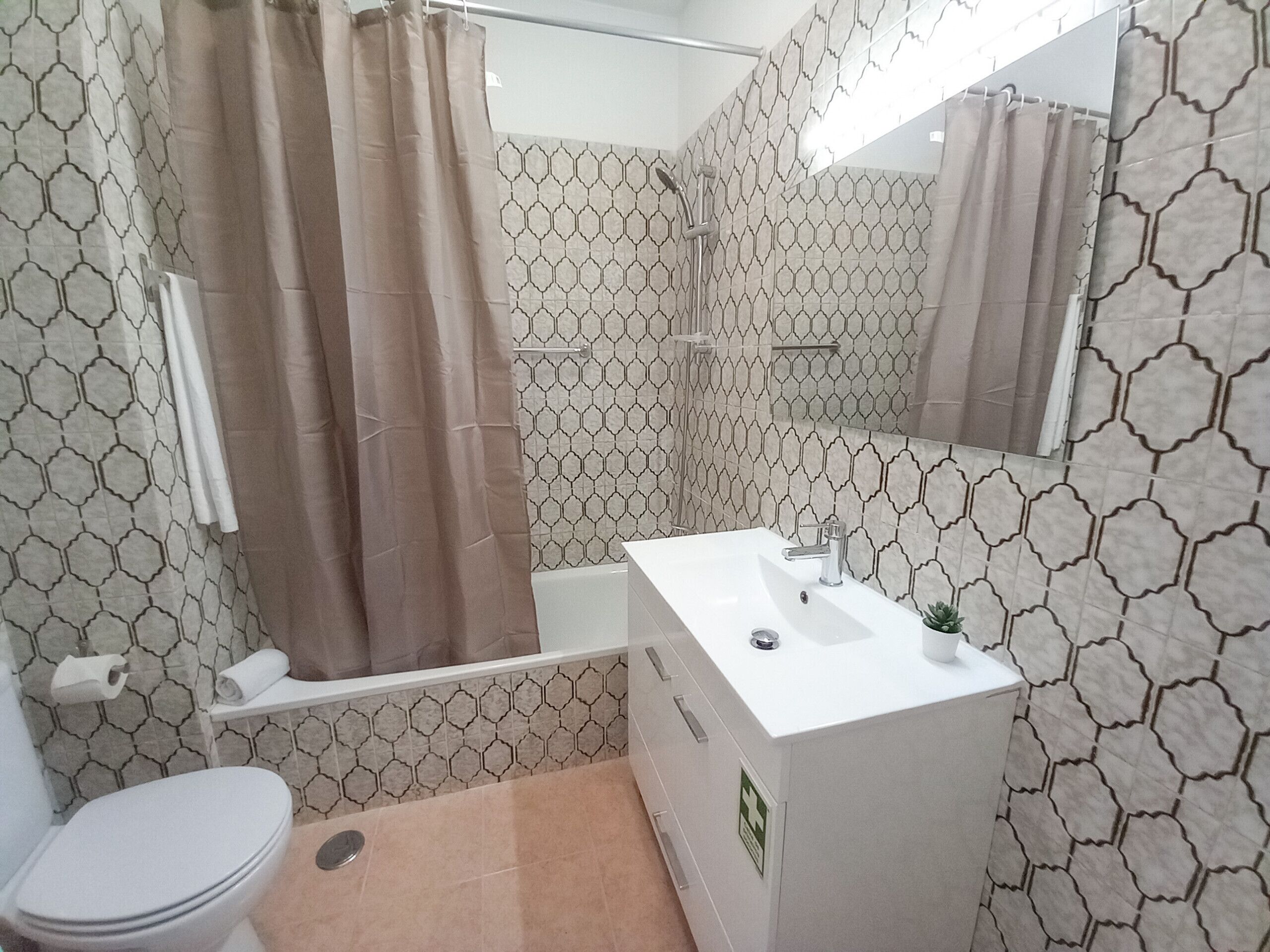 Een badkamer met douche, toilet en wastafel.