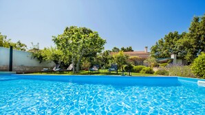 Ein klares, blaues Schwimmbecken mit Liegestühlen und einem Baum im Hintergrund.