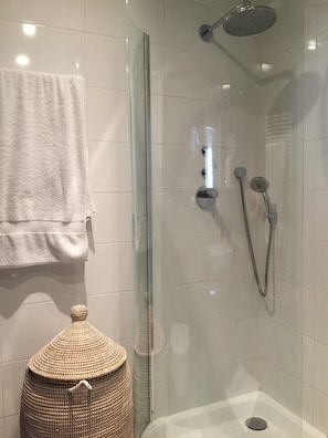 Combined shower/tub, hair dryer, towels, toilet paper