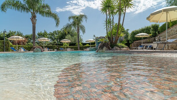 A clear swimming pool with lounge chairs and umbrellas, surrounded by palm trees and a stone wall. - Villa Rosi - Monolcale with pool (laureana cilento)