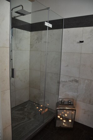Chuveiro, secador de cabelo, toalhas de banho, sabonete