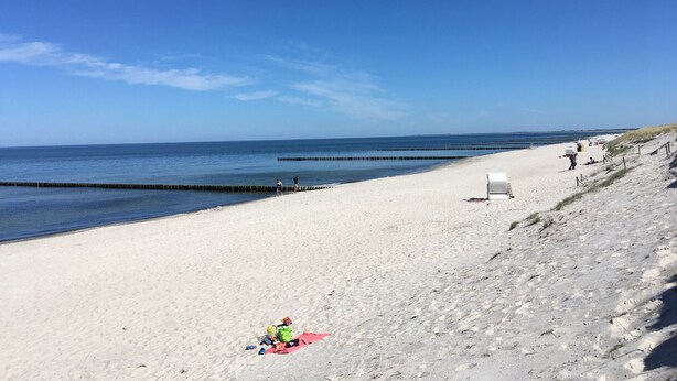Une plage avec un ciel dégagé, un rivage sablonneux et quelques personnes.